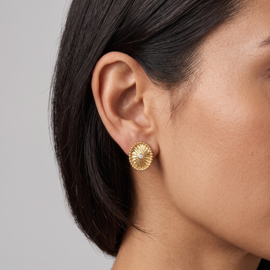 Radiant Beaded Oval Diamond Stud Earrings in 14K Yellow Gold