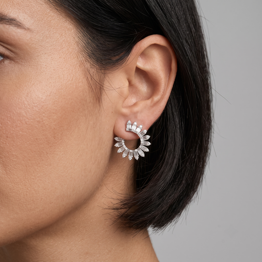 Sunburst Baguette Marquise Diamond Earrings in 14K White Gold