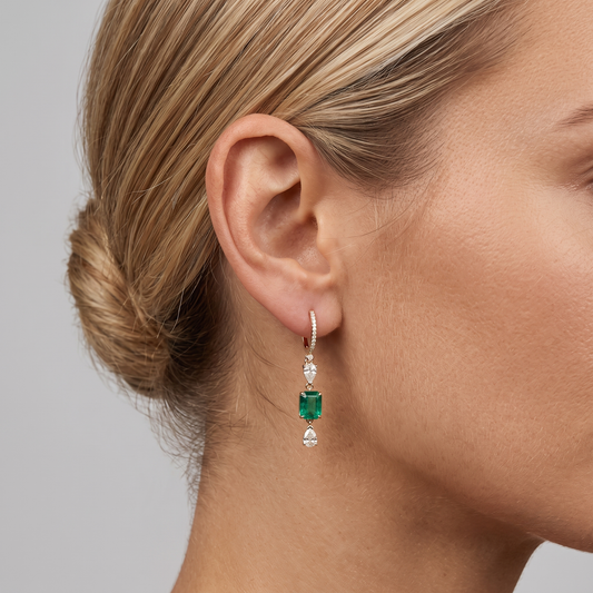 Emerald Elegance 14K (or 18k upon request) Yellow Gold Diamond Drop Earrings