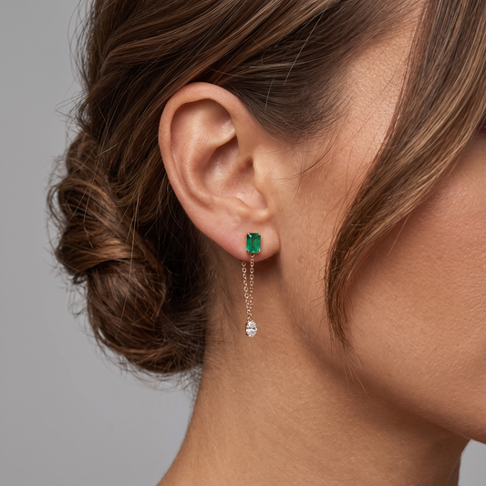 Emerald Chain Drop Earrings in 14K Yellow Gold