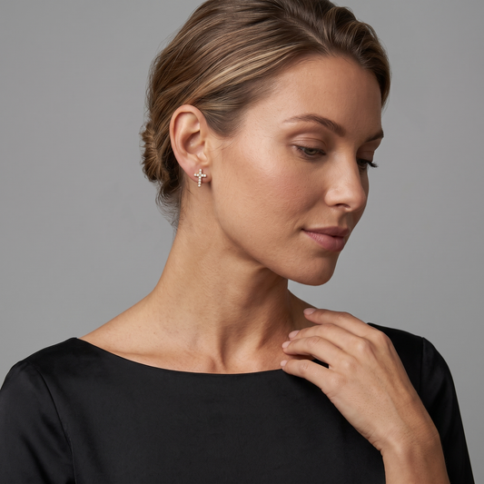 Cross Shape Diamond Stud Earrings in 14K Yellow Gold