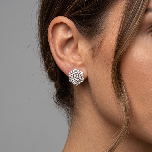 Radiant Diamond Floral Stud Earrings in 14K White Gold