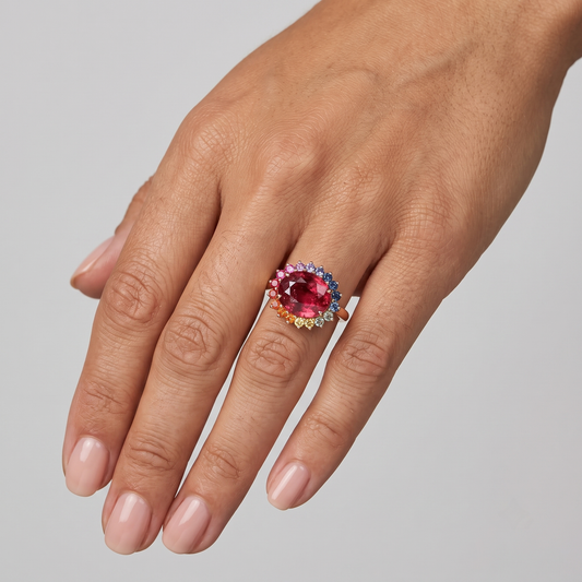 Multi-Color Pink Sapphire Halo 14K Gold Ring