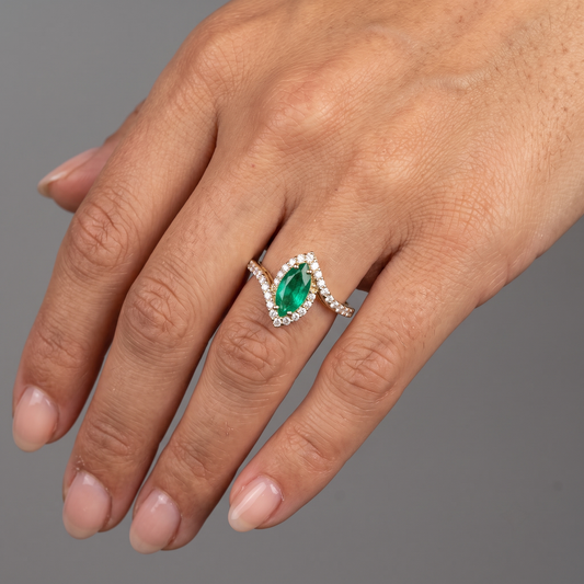 Marquise-Cut Emerald 14K Yellow Gold Diamond Halo Ring
