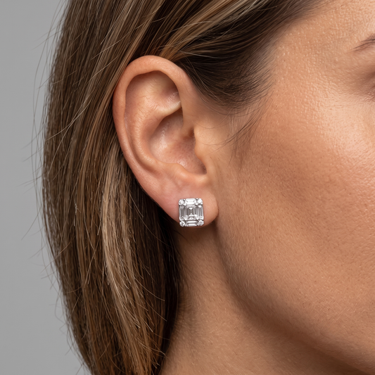 Asscher Cut Diamond Stud Earrings in 14K White Gold