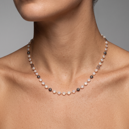 Black Diamond Pearl Station Necklace in 14K Yellow Gold