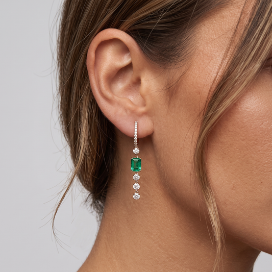 Emerald Cut Diamond Drop Hoop Earrings in 14K Gold