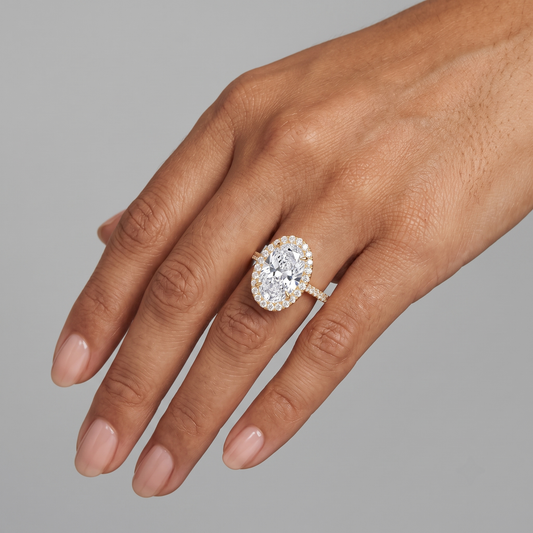 Oval Halo Engagement Pave Diamond Band Ring in 18K Gold