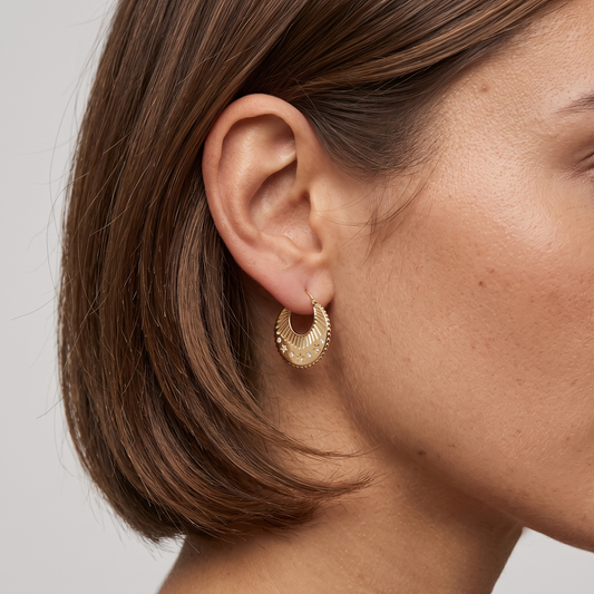 Celestial Etched Starburst Hoop Earrings in 14K Yellow Gold