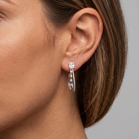Radiant Dual Row Diamond Hoop Earrings in 14K White Gold