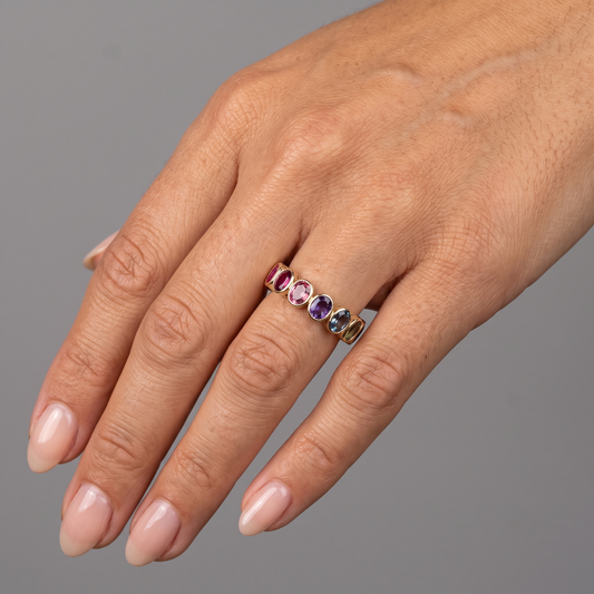 Multi-Color Oval Sapphire 14K Gold Eternity Ring