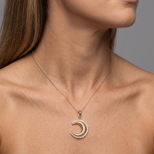 Diamond Edge Moon Charm Pendant Necklace in 14K Yellow Gold