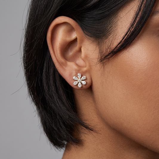 Pear Cut Flower Stud Earrings in 14K Yellow Gold