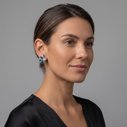 Multicolor Sapphire & Diamond 14K White Gold Floral Stud Earrings