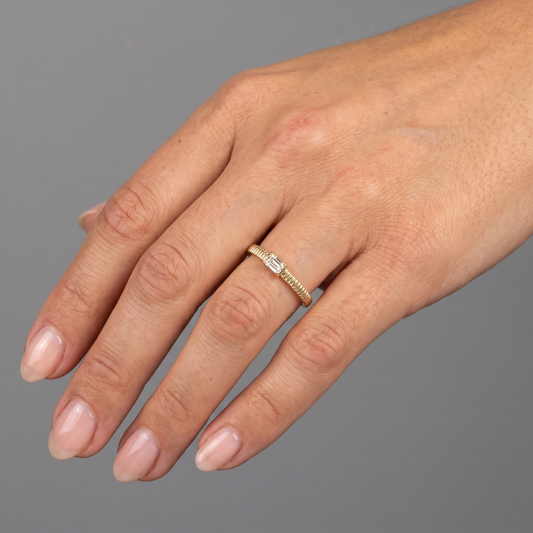 Minimalist Baguette Yellow Gold 14K Textured Diamond Ring