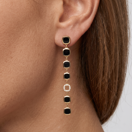 Diamond Black Enamel Drop Earrings in 14K Yellow Gold