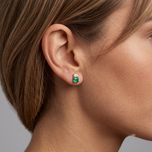 Nostalgic Emerald Diamond Stud Earrings in 14K Yellow Gold