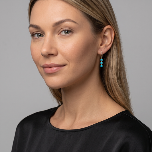 Turquoise Trio Drop Diamond Huggie Hoop Earrings in 14K Yellow Gold