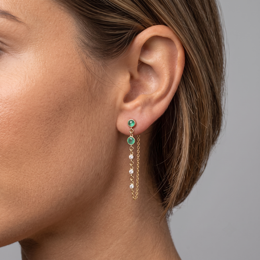 Dual Chain Emerald Drop Earrings in 14K Yellow Gold