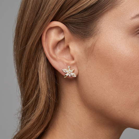 Marquise Diamond Five Petal Flower Stud Earrings in 14K Yellow Gold