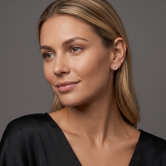 Pave Diamond Open Floral Stud Earrings in 14K Yellow Gold
