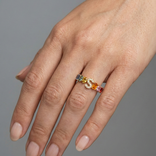 Multi-Color Gemstone 14K Gold "s" Initial Ring