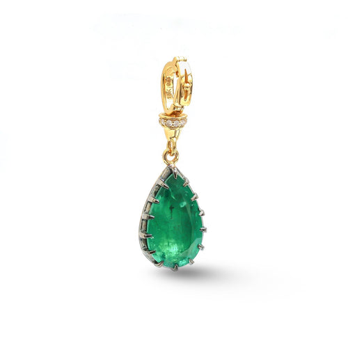 Emerald Teardrop Diamond Charm 18K Yellow Gold Pendant Necklace