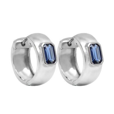 Blue Sapphire 14K (18K Custom) White Gold Huggie Hoop Earrings
