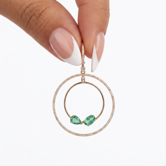 Double Orbit 14K (or 18k upon request) Yellow Gold Emerald Diamond Drop Earrings