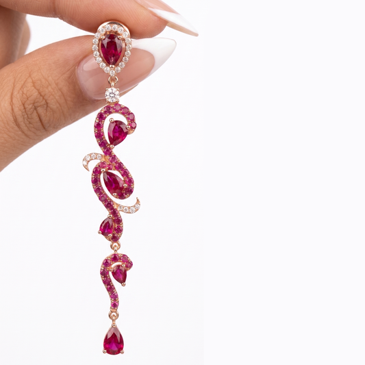 Ruby Drop Dangle Intricate Earrings in 18K Rose Gold