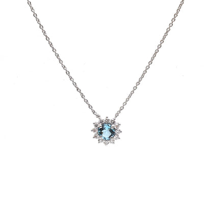 Aquamarine Diamond 18K White Gold Floral Pendant Necklace