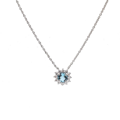 Aquamarine Diamond 18K White Gold Floral Pendant Necklace