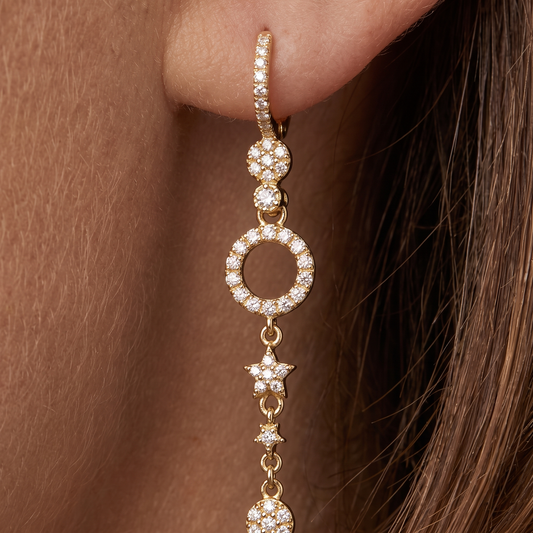 Celestial Drop Star Circle Diamond Earrings in 14K Yellow Gold