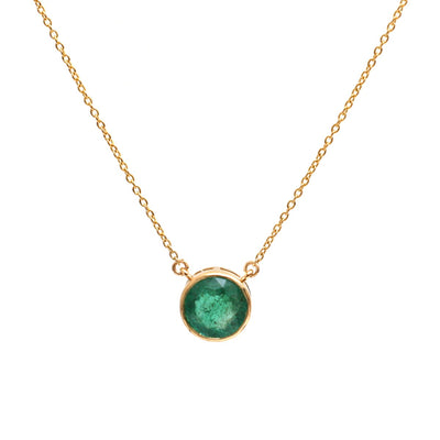 Round Cut Emerald Emerald Bezel 18K Yellow Gold Solitaire Necklace