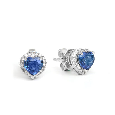 Heart Blue Sapphire 18K Natural Diamond White Gold Halo Stud Earrings