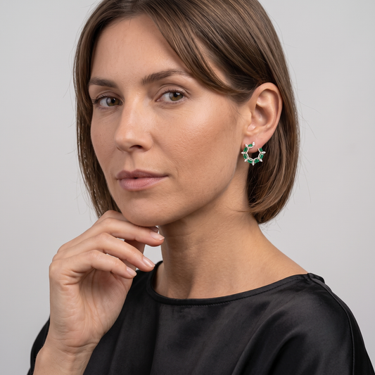 Emerald Marquise Halo Hoop Earrings in 14K Yellow Gold