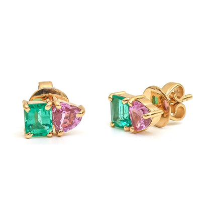 Emerald & Pink Sapphire 18K Yellow Gold Stud Earrings