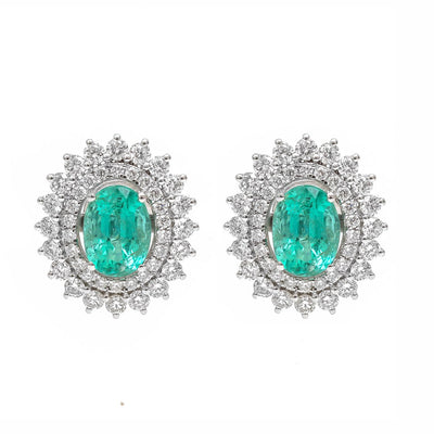 Emerald Double Halo 18K Natural Diamond White Gold Stud Earrings