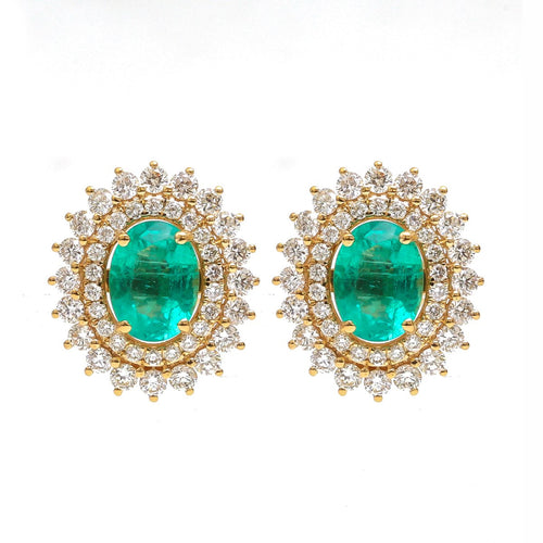 Emerald Sunburst Halo 18K Natural Diamond Yellow Gold Stud Earrings