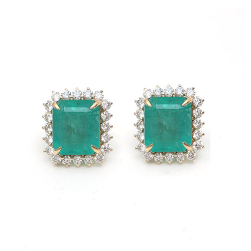 Square Emerald Halo 14K (18K custom) Natural Diamond Yellow Gold Stud Earrings