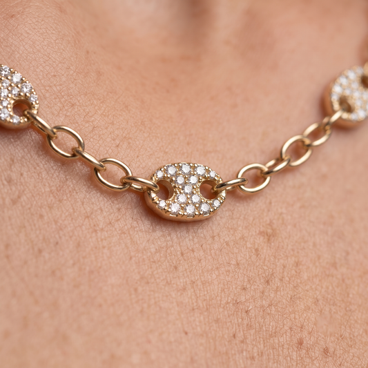 Three Grip 14K (or 18k upon request) Yellow Gold Diamond Link Necklace