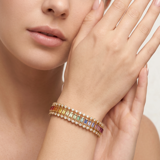 Radiant Multicolor Sapphire & Diamond Tennis Bracelet in 14K Yellow Gold