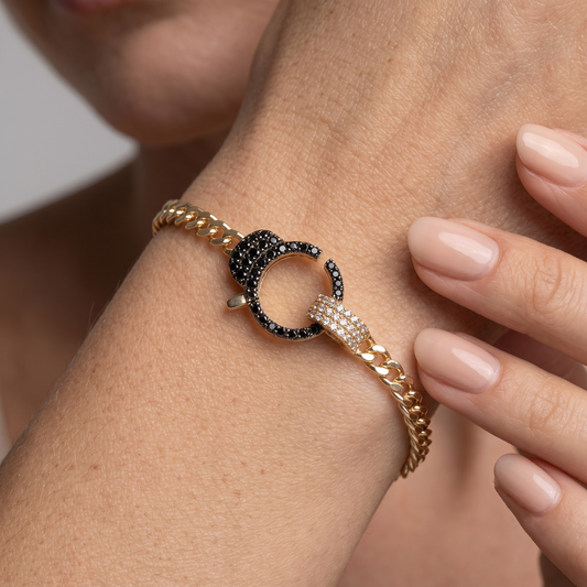 Dual Tone Diamond Clasp Curb Bracelet in 14K Gold
