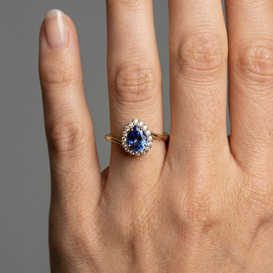 Pear Blue Sapphire 14K Diamond Halo Ring