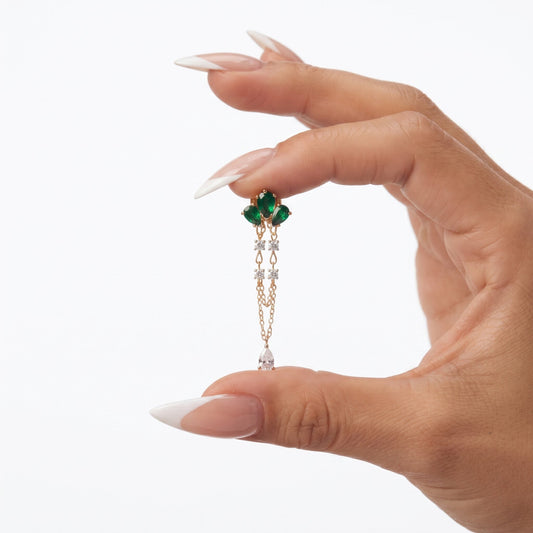 Emerald Cluster Chain Drop Earrings in 14K Yellow Gold