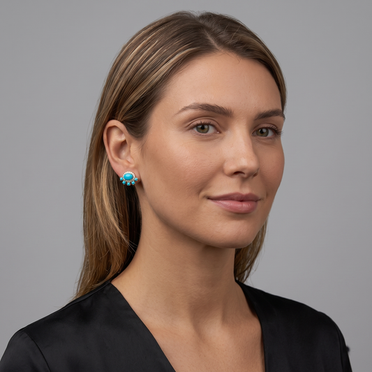 Sunbeam Cluster Turquoise Diamond Earrings in 14K Yellow Gold