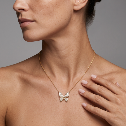 Diamond Pave Butterfly Pendant Necklace in 14K Yellow Gold