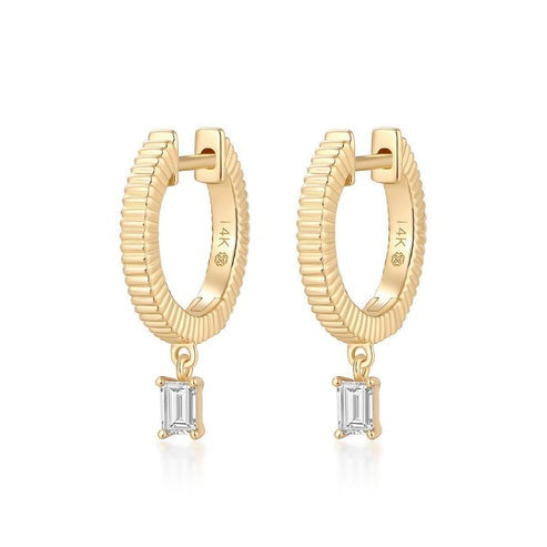 Emerald Cut Ribbed Bar Drop Earrings in 14K Yellow Gold