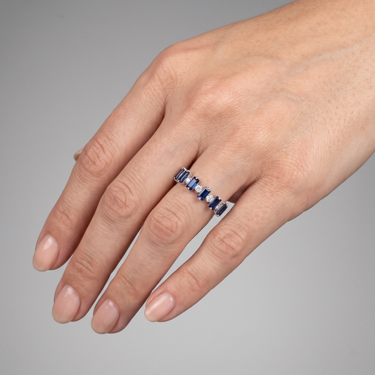Baguette Blue Sapphire Diamond Band Ring in 14K White Gold
