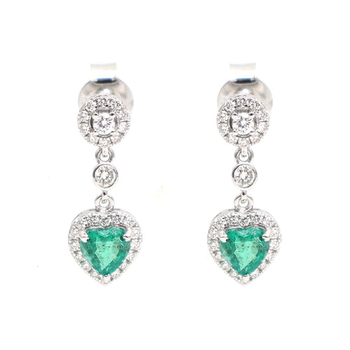 Emerald Heart Charm 18K Natural Diamond White Gold Drop Earrings